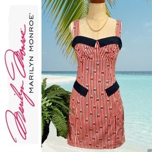 “Marilyn Monroe” pin-up red and white striped bathing beauty print dress- XS